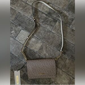 Calvin Klein Taupe Crossbody Bag with Gold Accents